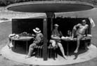 People in circular shelter, Bronte